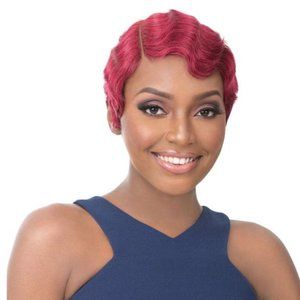 100% Human Hair Wavy Pixie Wig Burgundy and Red NUNA - 1920s Rihanna Sty…